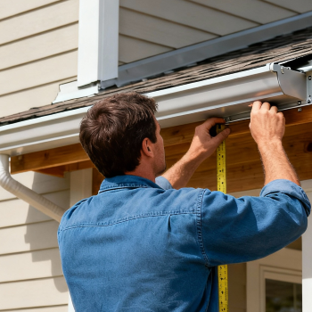 Man in blue shirt installing gutter in Grand Rapids